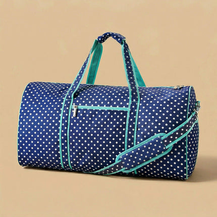 wholesale large duffel bag with navy-white polka dots pattern and mint trims