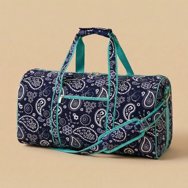 Wholesale large duffel bag with navy-white paisley print, featuring mint trims.