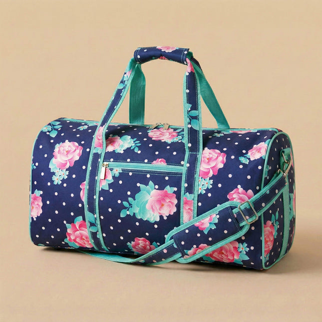 Wholesale large duffel bag with peony and navy-white dots print, featuring mint trims.
