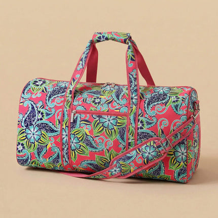 Wholesale large duffel bag with swirl floral print, featuring hot pink trims.