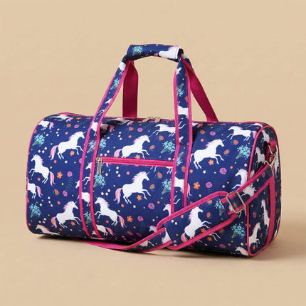 wholesale large duffel bag with unicorn pattern and hot pink trims