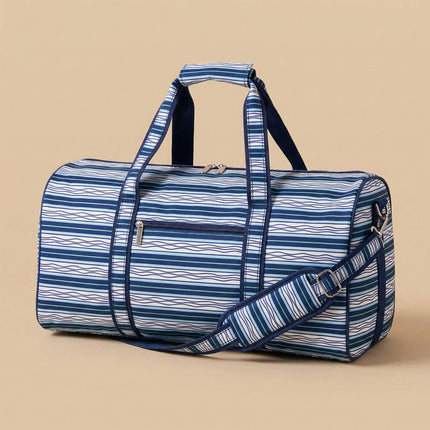 wholesale large duffel bag with wave stripes print and navy trims