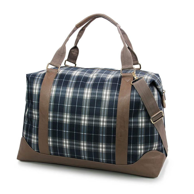 Wholesale dark green plaid Large Duffel Bag with taupe PU Leather Trim for Travel - Red To Purple