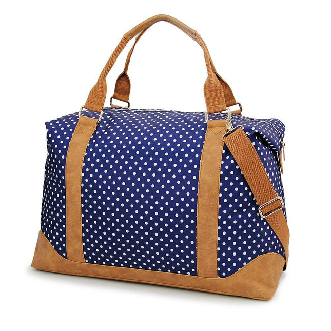 Wholesale Navy-White Polka Dots Large Duffel Bag with PU Leather Trim for Travel - Red To Purple