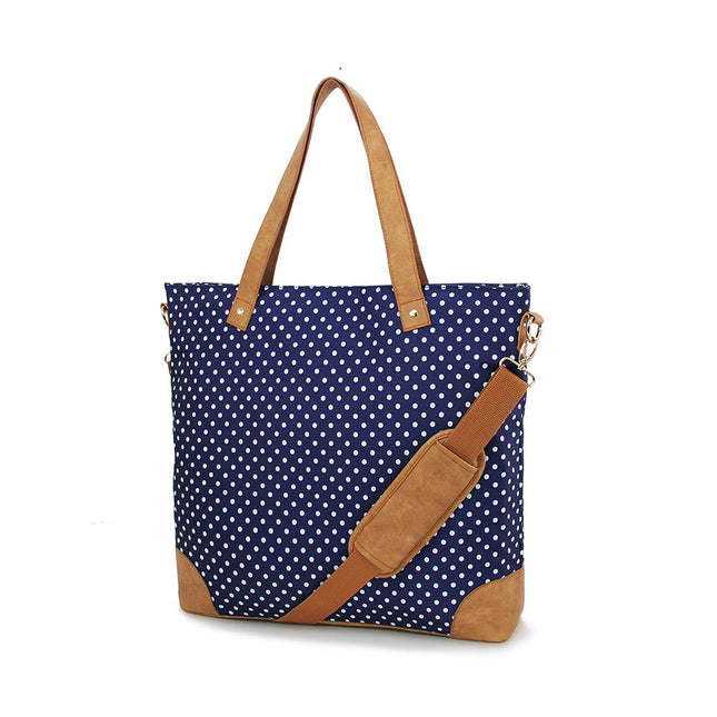 Wholesale crossbody tote with navy-white polka dots and PU leather trim for any occasion - Red To Purple
