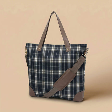 Wholesale crossbody tote with dark green plaid and PU leather trim for any occasion - Red To Purple
