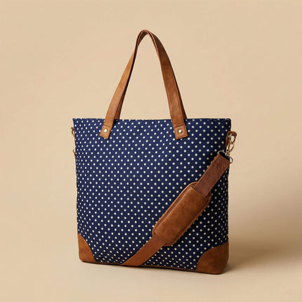 Wholesale crossbody tote with navy-white polka dots and PU leather trim for any occasion - Red To Purple