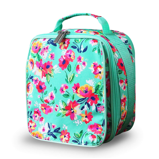 Wholesale insulated lunch bag with floral print on mint background for kids’ school lunches