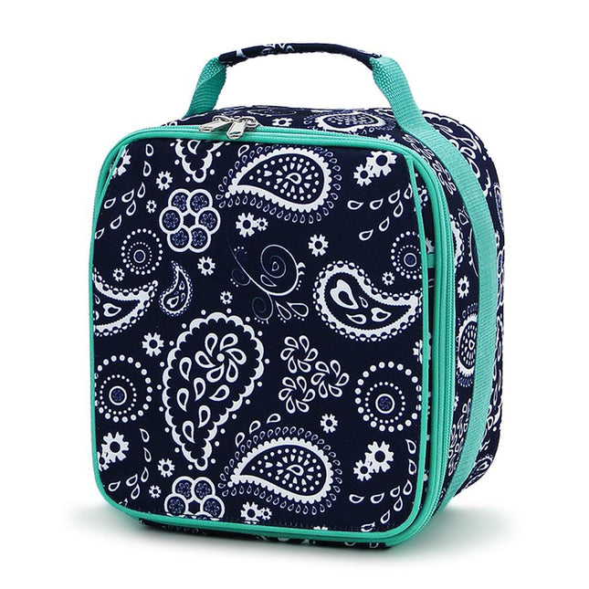 Wholesale insulated lunch bag with navy-white paisley print and mint trims for kids
