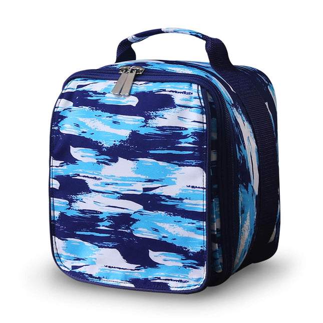 Wholesale insulated lunch bag with navy-blue sea print and navy trims for kids’ school lunches