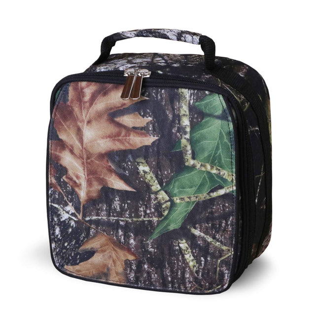 Wholesale insulated lunch bag with woods camouflage print and black trims for kids’ school lunches