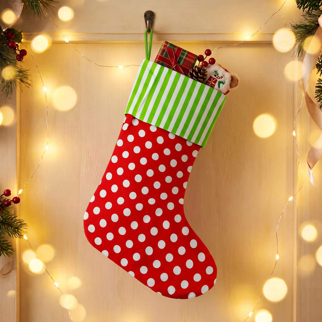 Wholesale red polka dots cotton Christmas stocking blank with lime stripes cuff for monogram and embroidery