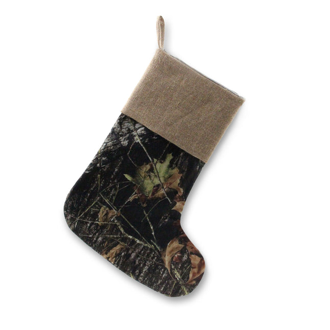 A Christmas stocking with a camouflage pattern and a brown cuff at the top.