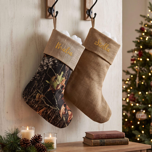 Wholesale camo and natural burlap Christmas stockings with fold-over cuffs for monogram embroidery
