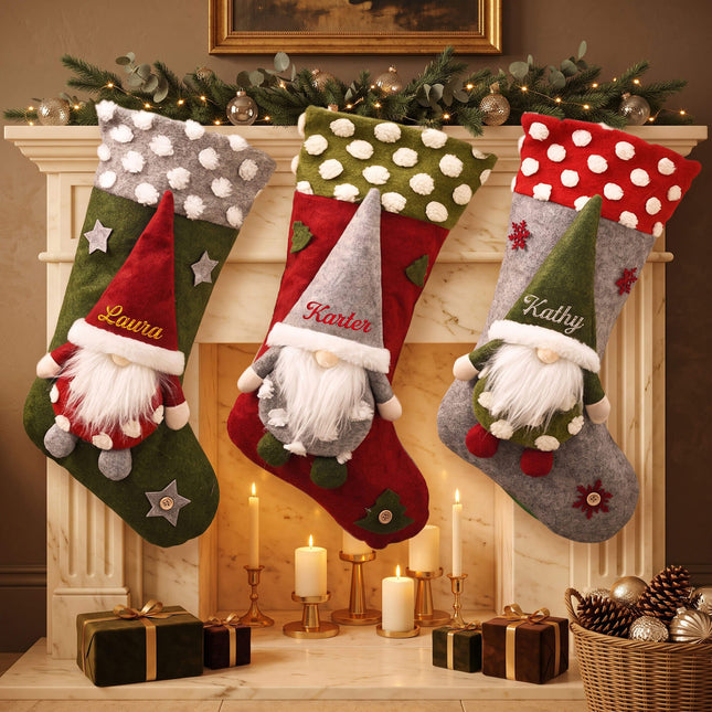 Wholesale felt Christmas stocking with 3D gnome design.