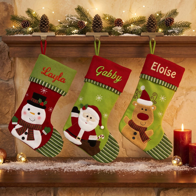 Fleece and knit Christmas stockings with snowman, Santa and Calibou designs for wholesale