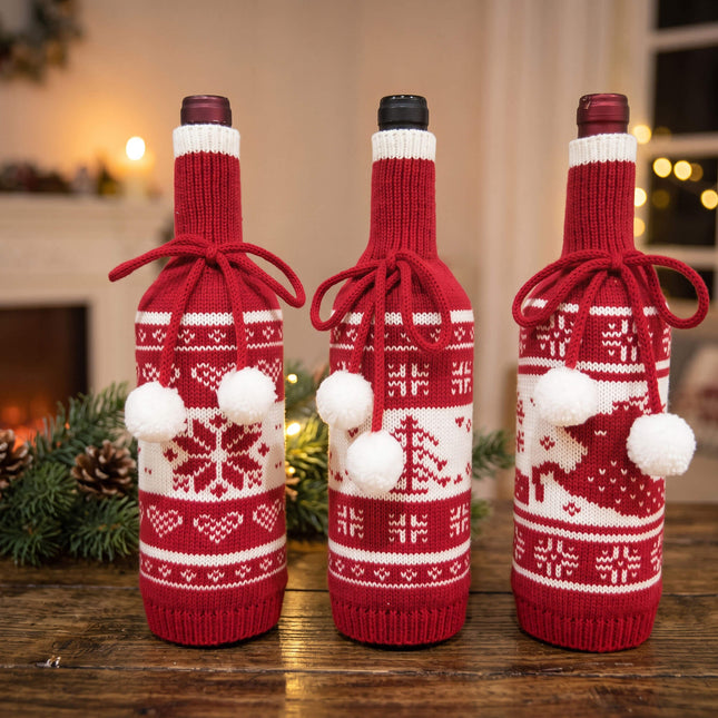 Wholesale knit Christmas wine bottle sweater covers in snowflake tree reindeer designs for boutique holiday gifts