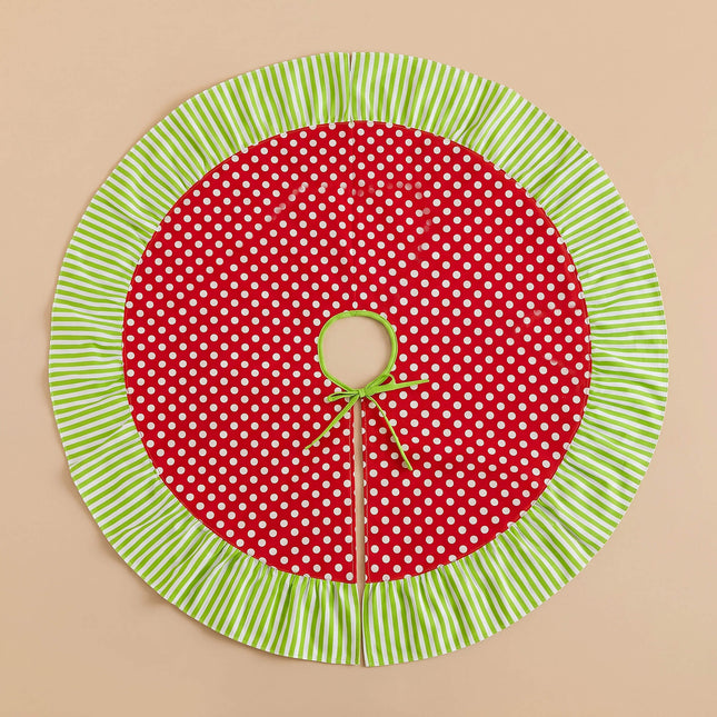 Wholesale red polka dot Christmas tree skirt with green striped ruffle trim blank for monogram embroidery