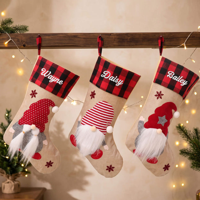 Wholesale rustic burlap Gnome Christmas stockings with buffalo plaid cuff for monogram embroidery