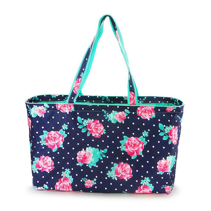 Wholesale peonies printed ultimate tote bag. Trimmed with mint webbing.