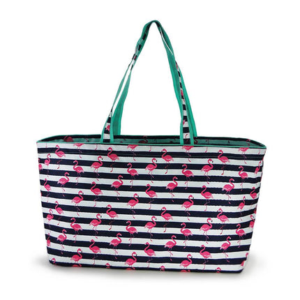 wholesale waterproof flamingos  and stripes printed carryall large tote bag for shopping and beach use