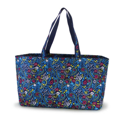 Large navy paisley printed waterproof carryall tote bag from Red To Purple Wholesale, ideal for shopping and beach use.
