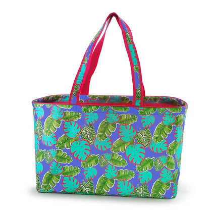 Wholesale tripical leaves printed large ulitmate tote bag. Trimmed with hot pink webbings.