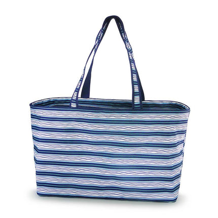 Wholesale navy wave stripes printed large ultimate tote bag. Trimmed with navy webbings.