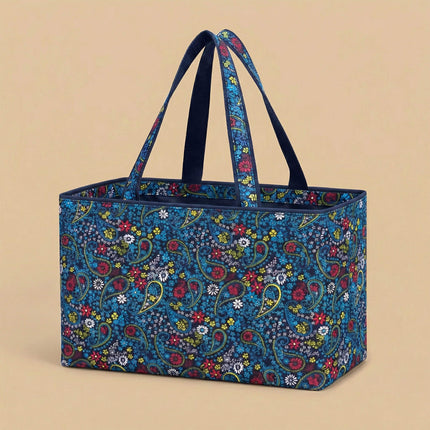 Large navy paisley printed waterproof carryall tote bag from Red To Purple Wholesale, ideal for shopping and beach use.