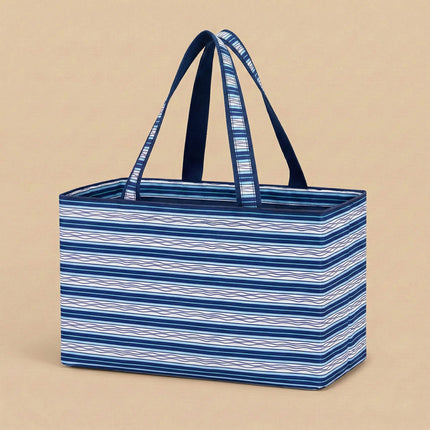 Wholesale navy wave stripes printed large ultimate tote bag. Trimmed with navy webbings.