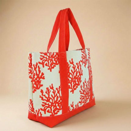 Large canvas tote bag from Red To Purple Wholesale with a coral print, perfect for beach and shopping with a spacious, durable design