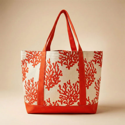 Large canvas tote bag from Red To Purple Wholesale with a coral print, perfect for beach and shopping with a spacious, durable design