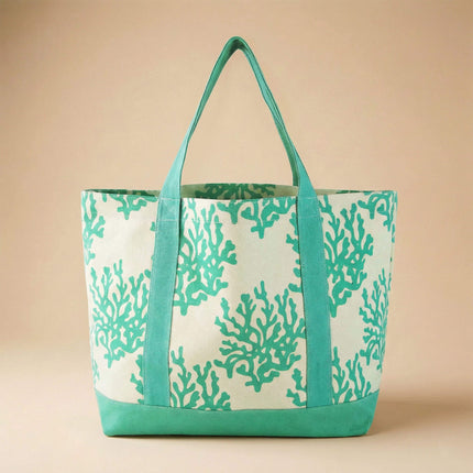 Large canvas tote bag from Red To Purple Wholesale with a custom mint-colored coral print, perfect for beach and shopping with a spacious, durable design.