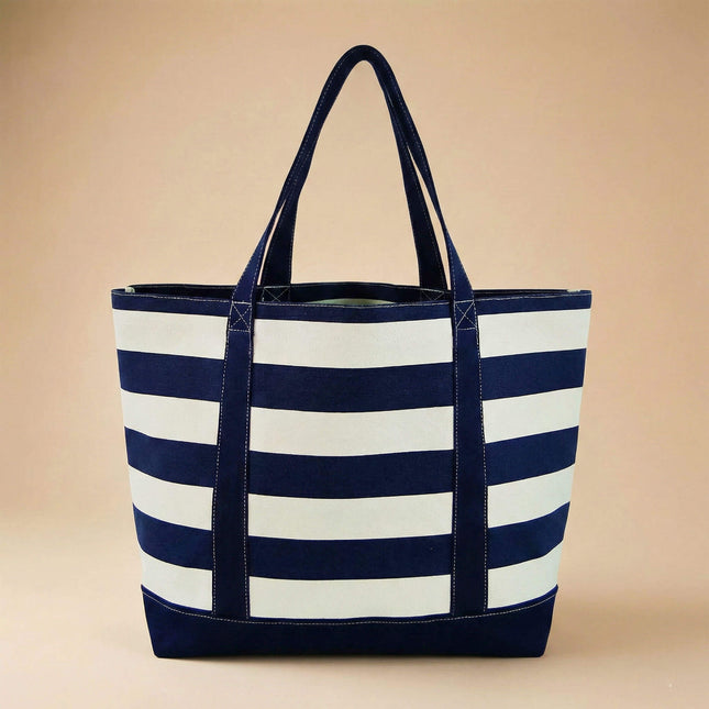 wholesale navy stripes printed custom canvas large tote bag for beach and shopping