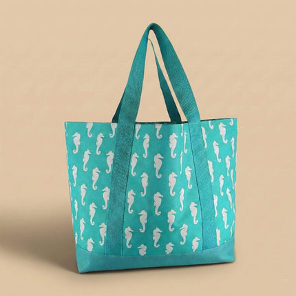 wholesale aqua seahorses polyester large tote bag waterproof.