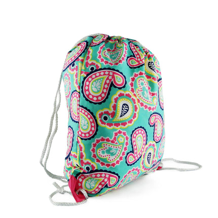 wholesale polyester mint / hot pink paisley drawstring backpack for gym use