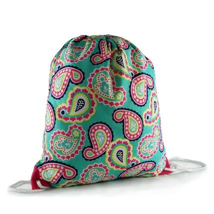 wholesale polyester mint / hot pink paisley drawstring backpack for gym use