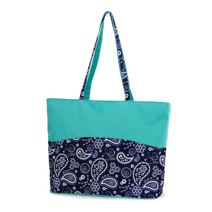 wholesale navy / white paisley zip-top tote bag with printed polyester design
