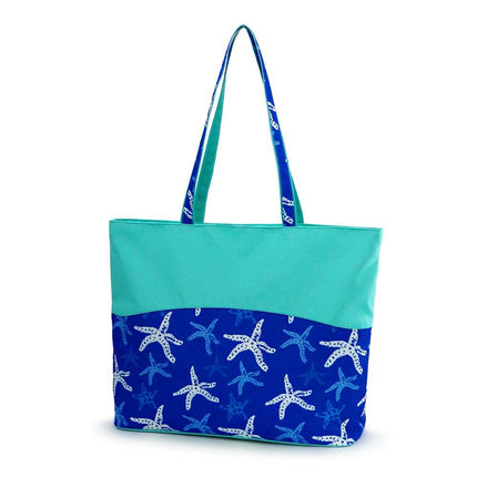 wholesale blue starfish zip-top tote bag with printed polyester design