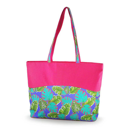 wholesale tropical leaves zip-top tote bag with printed polyester design