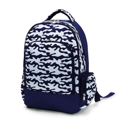 wholesale classic school backpack with navy-white camouflage pattern / navy trim