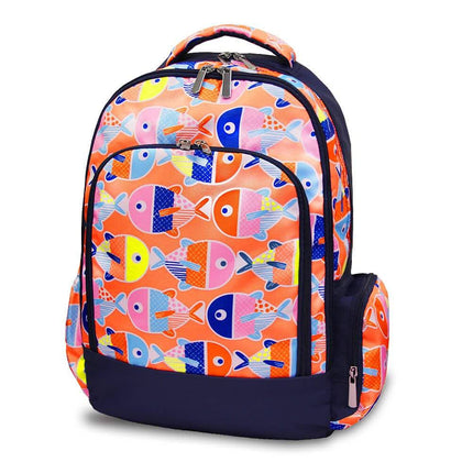 wholesale classic school backpack with lovely fish pattern / navy trim