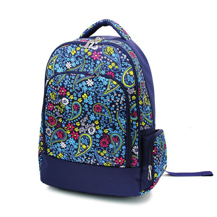 wholesale classic school backpack with navy paisley pattern / navy trim