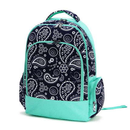 wholesale classic school backpack with navy-white paisley pattern / mint trim