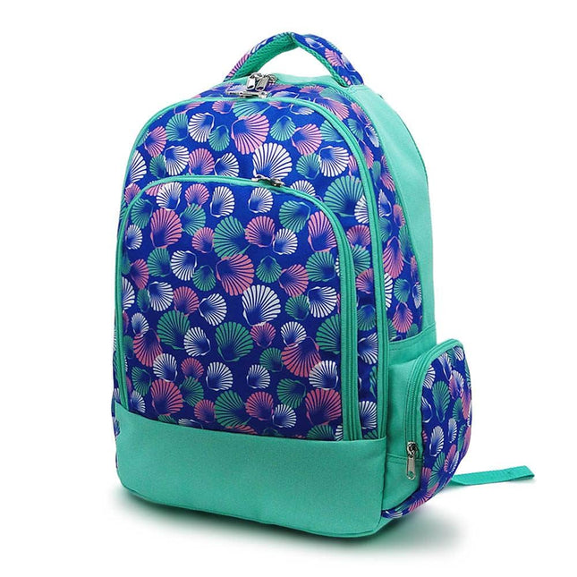 wholesale classic school backpack with blue shells pattern / mint trim