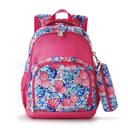 Wholesale Comfort School Backpack from Red To Purple Wholesale, featuring bloom and pink shells printed fabric with hot pink trims, ideal for everyday use.