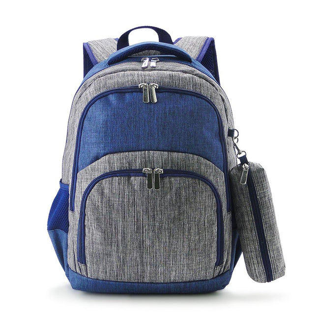 Wholesale Comfort School Backpack from Red To Purple, featuring chambray fabric in grey and navy, ideal for everyday use.

