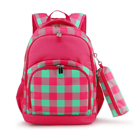Wholesale Comfort School Backpack from Red To Purple Wholesale, featuring mint-hot pink buffalo check-printed fabric with hot pink trims, ideal for everyday use.
