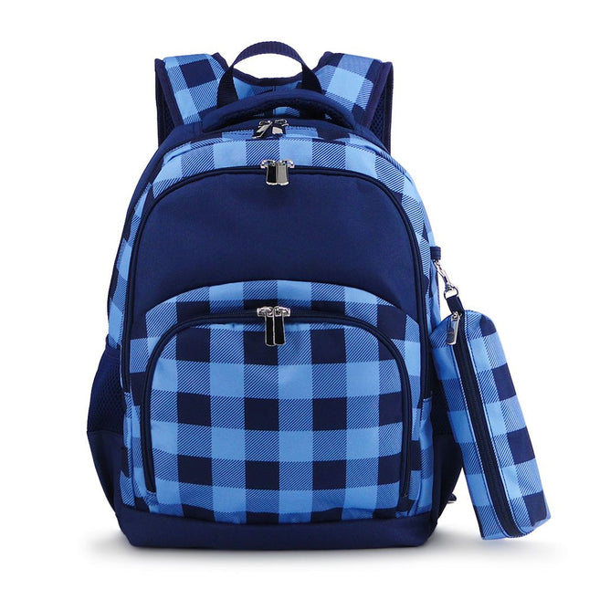 Wholesale Comfort School Backpack from Red To Purple Wholesale, featuring blue-navy buffalo check-printed fabric with navy trims, ideal for everyday use.


