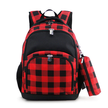 Wholesale Comfort School Backpack from Red To Purple Wholesale, featuring red-black buffalo check-printed fabric with black trims, ideal for everyday use.